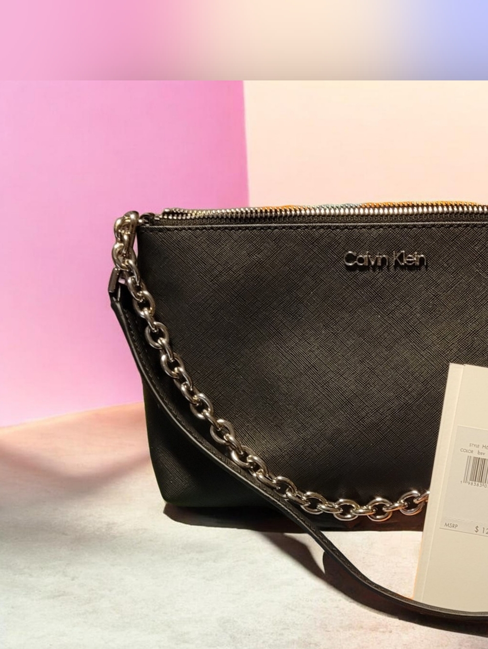 Calvin Klein Black Saffiano Leather Crossbody Bag With Silver Hardware